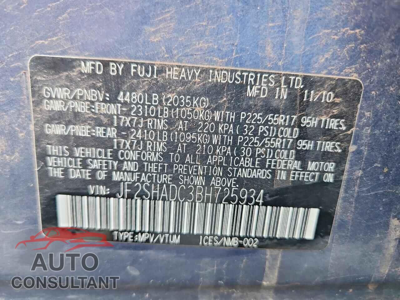 SUBARU FORESTER 2011 - JF2SHADC3BH725934