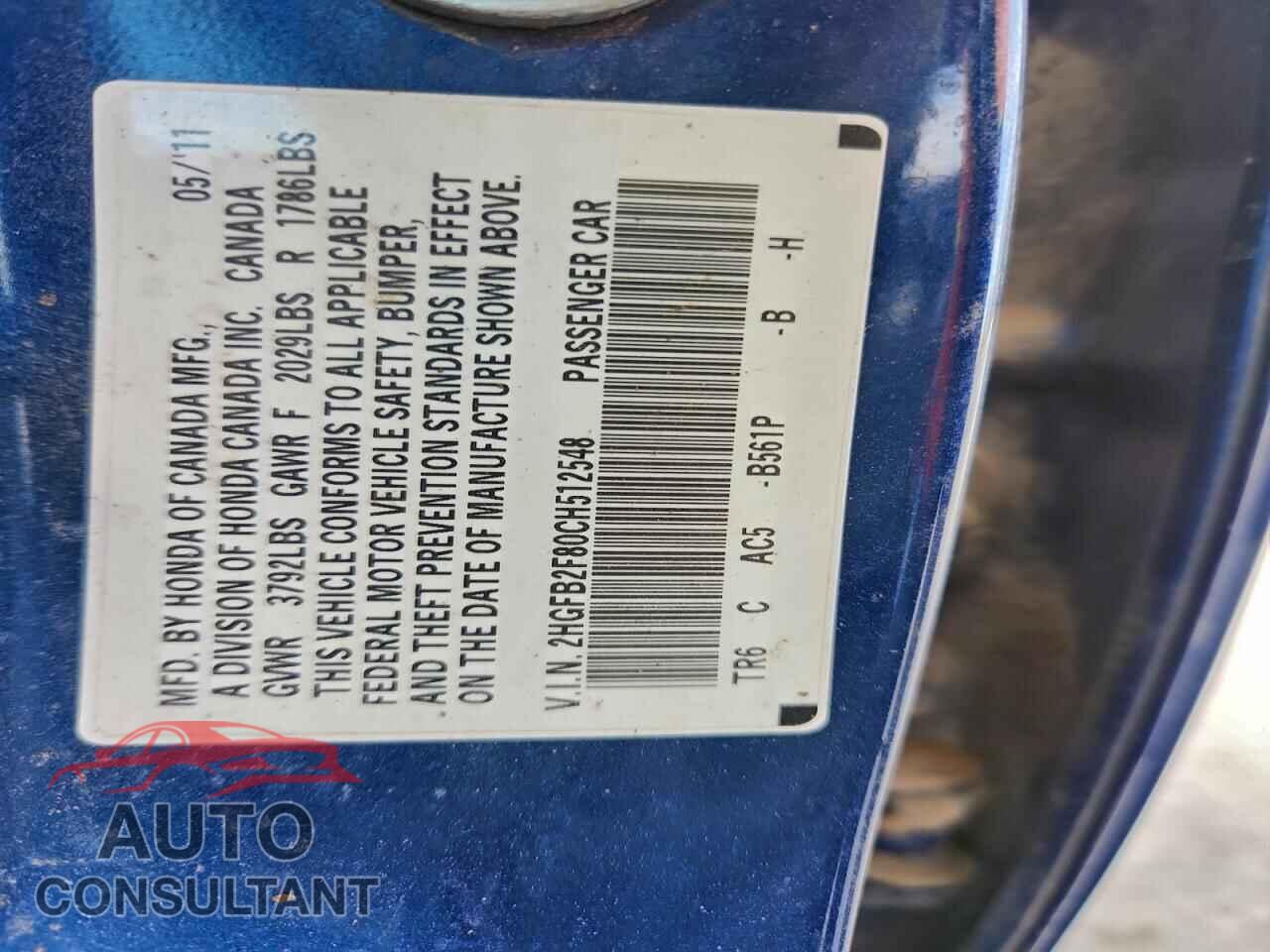HONDA CIVIC 2012 - 2HGFB2F80CH512548