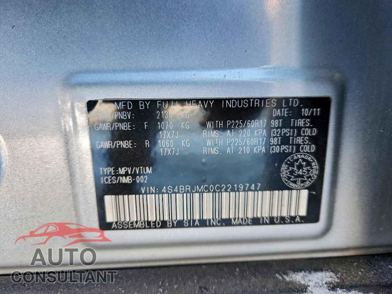 SUBARU OUTBACK 2012 - 4S4BRJMC0C2219747