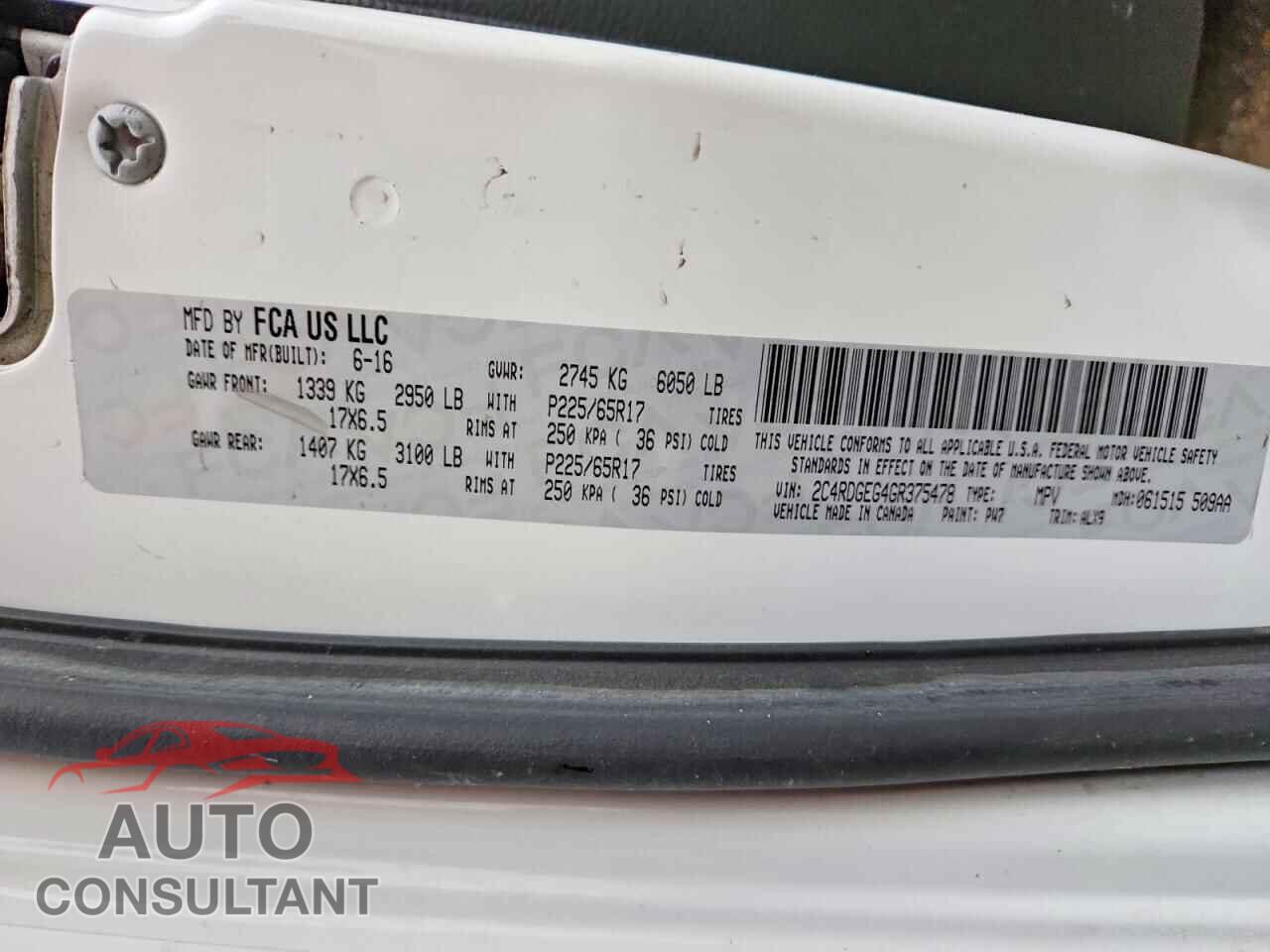 DODGE CARAVAN 2016 - 2C4RDGEG4GR375478