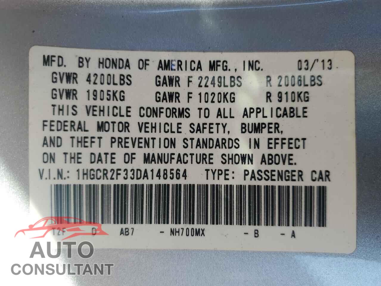 HONDA ACCORD 2013 - 1HGCR2F33DA148564