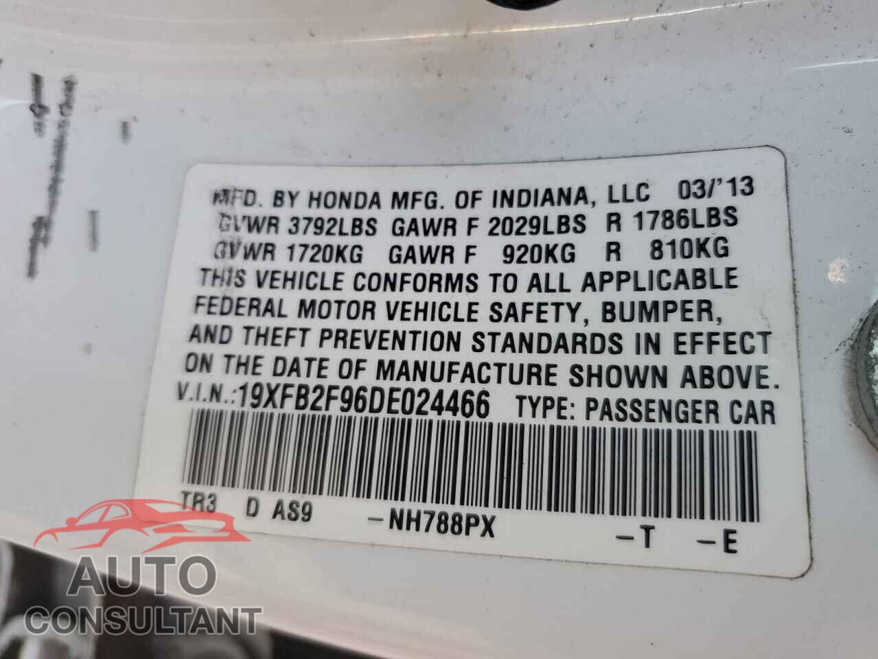 HONDA CIVIC 2013 - 19XFB2F96DE024466