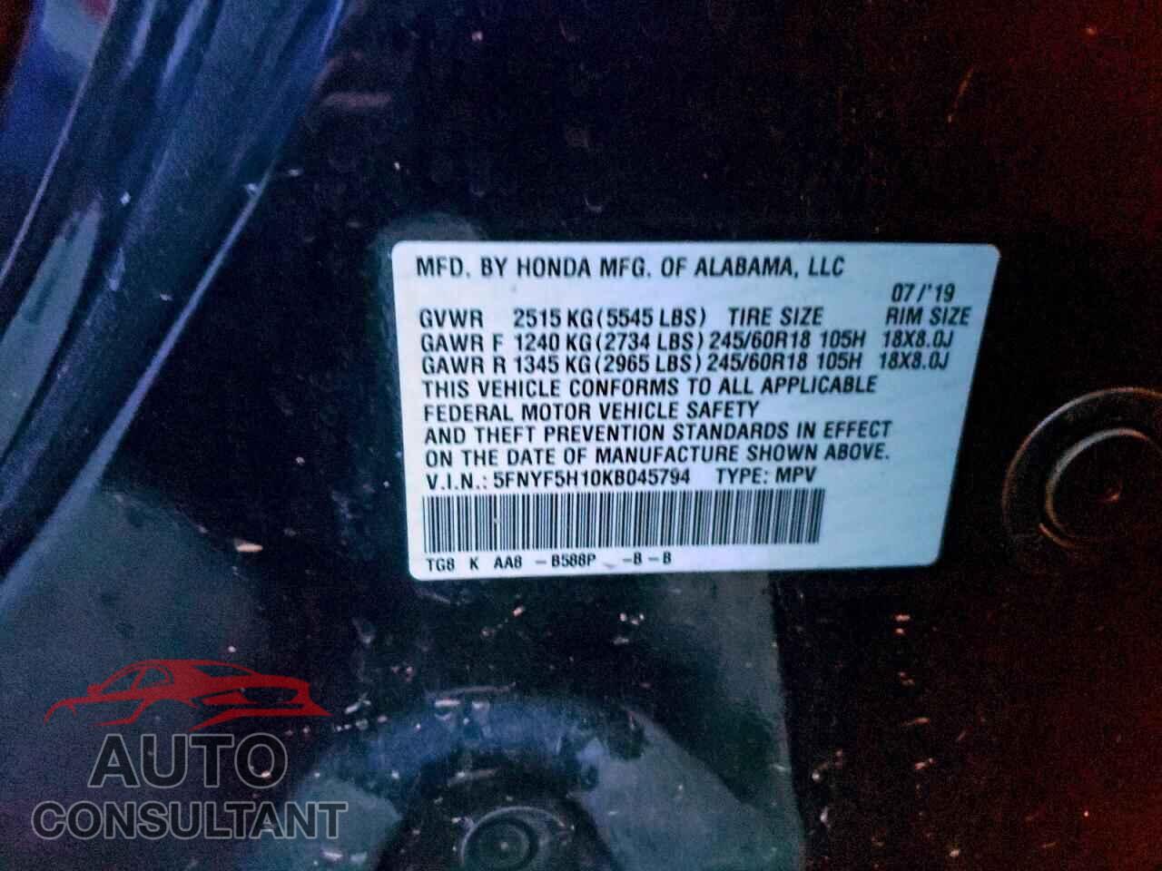 HONDA PILOT 2019 - 5FNYF5H10KB045794
