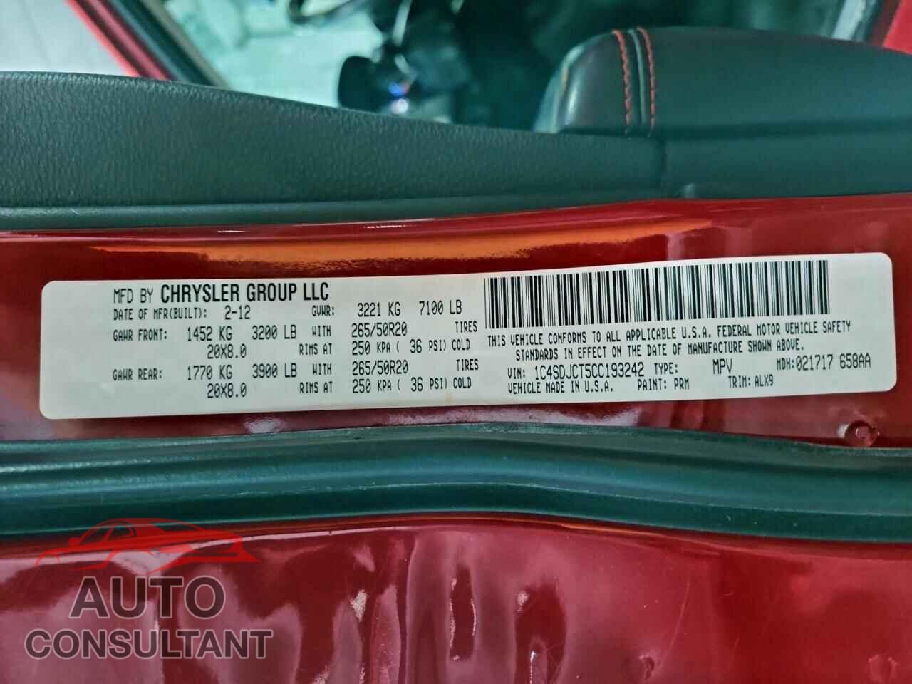 DODGE DURANGO 2012 - 1C4SDJCT5CC193242