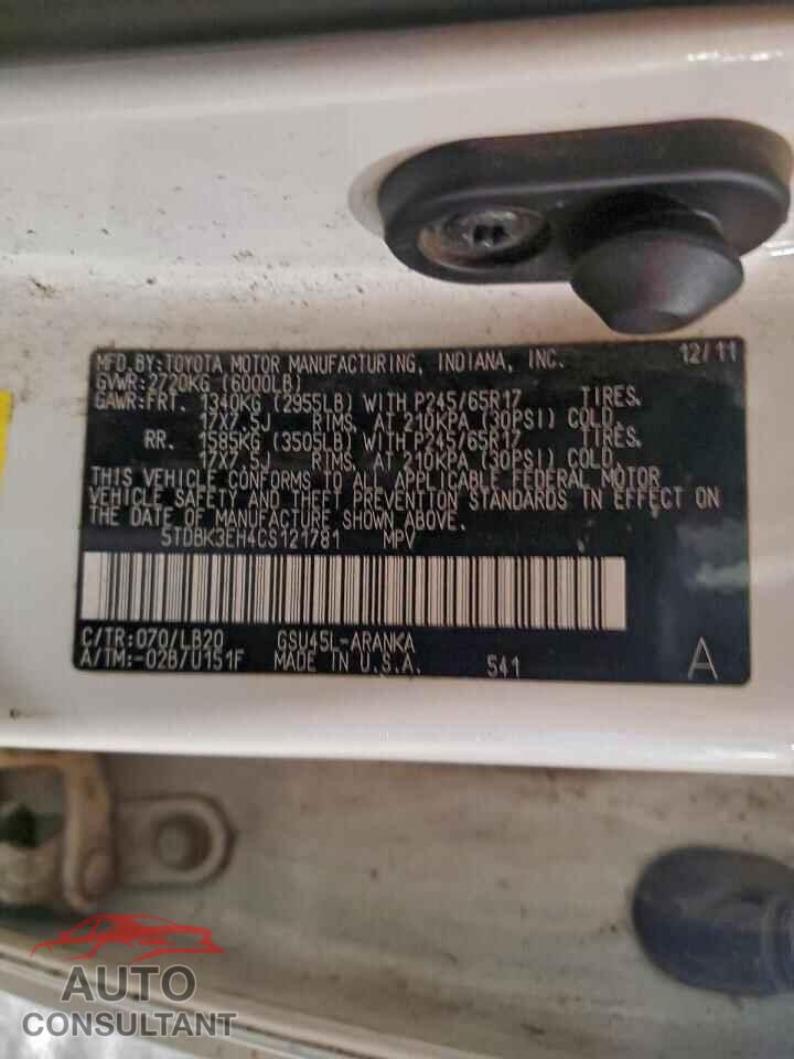 TOYOTA HIGHLANDER 2012 - 5TDBK3EH4CS121781