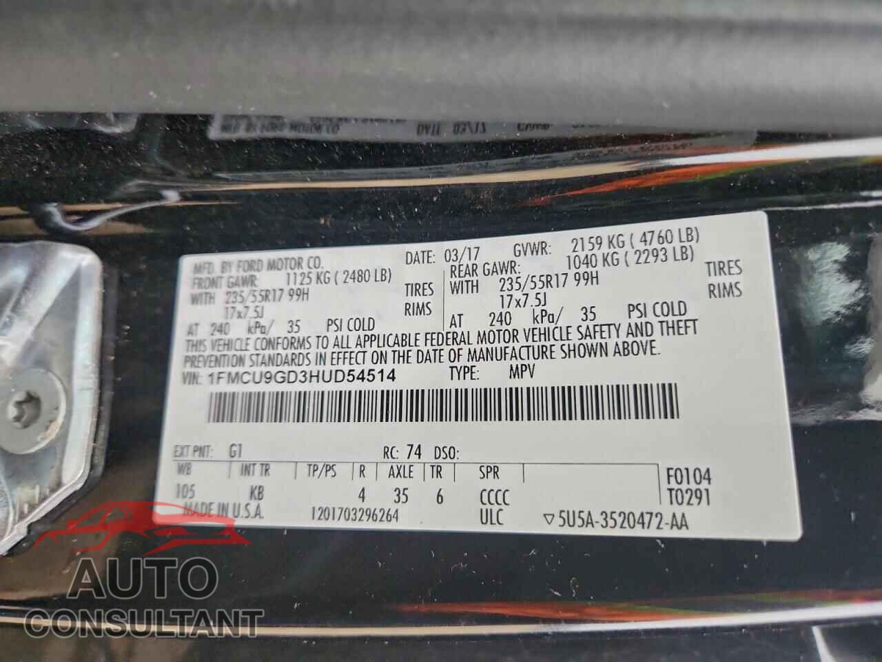 FORD ESCAPE 2017 - 1FMCU9GD3HUD54514