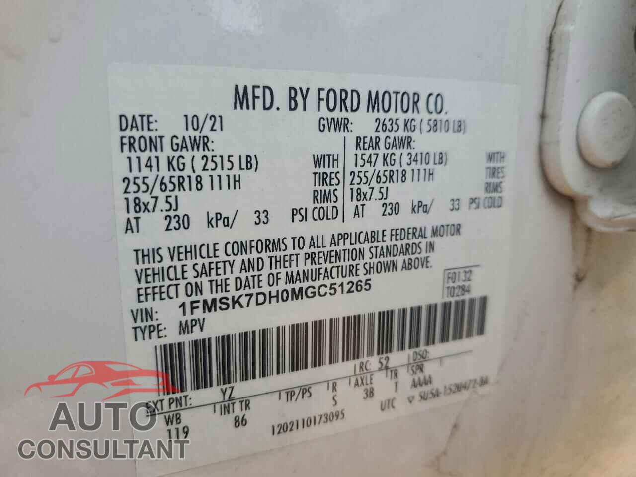 FORD EXPLORER 2021 - 1FMSK7DH0MGC51265