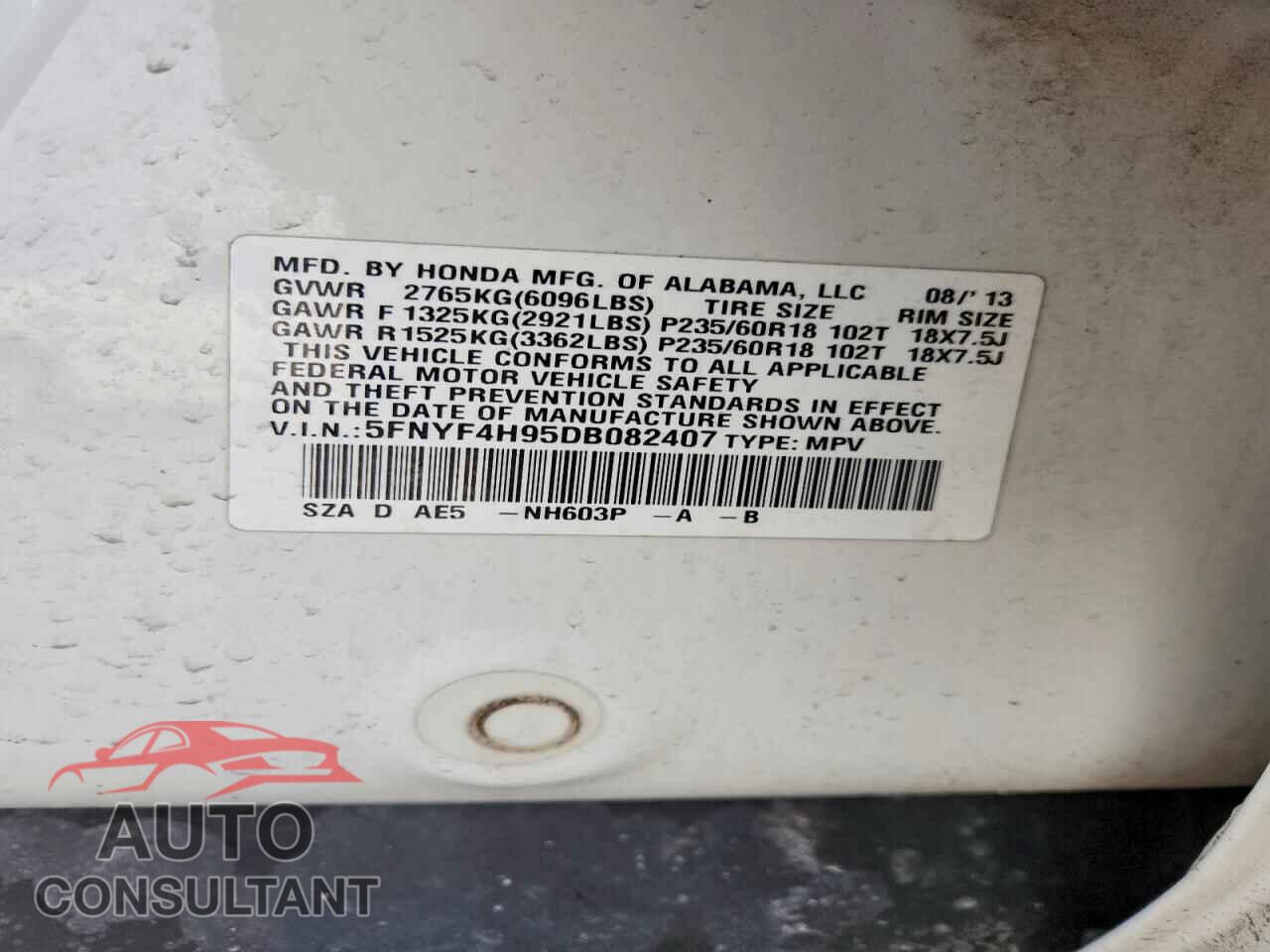 HONDA PILOT 2013 - 5FNYF4H95DB082407