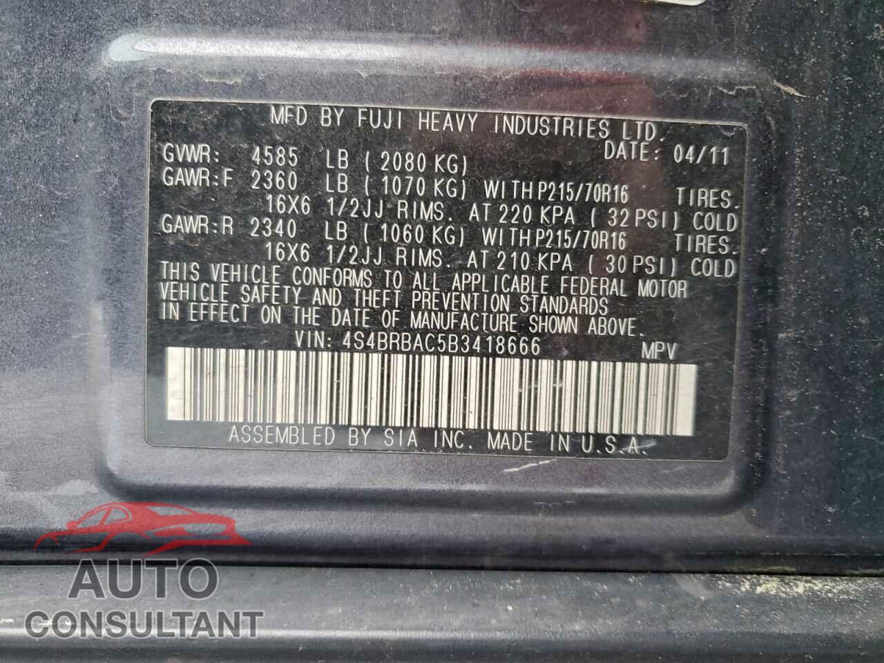 SUBARU OUTBACK 2011 - 4S4BRBAC5B3418666