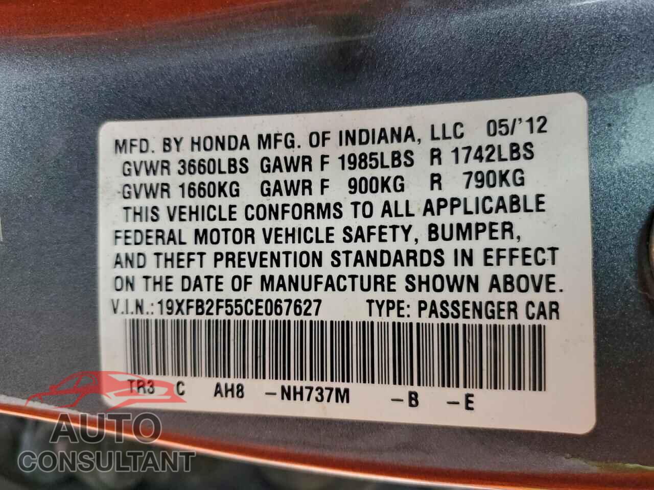 HONDA CIVIC 2012 - 19XFB2F55CE067627