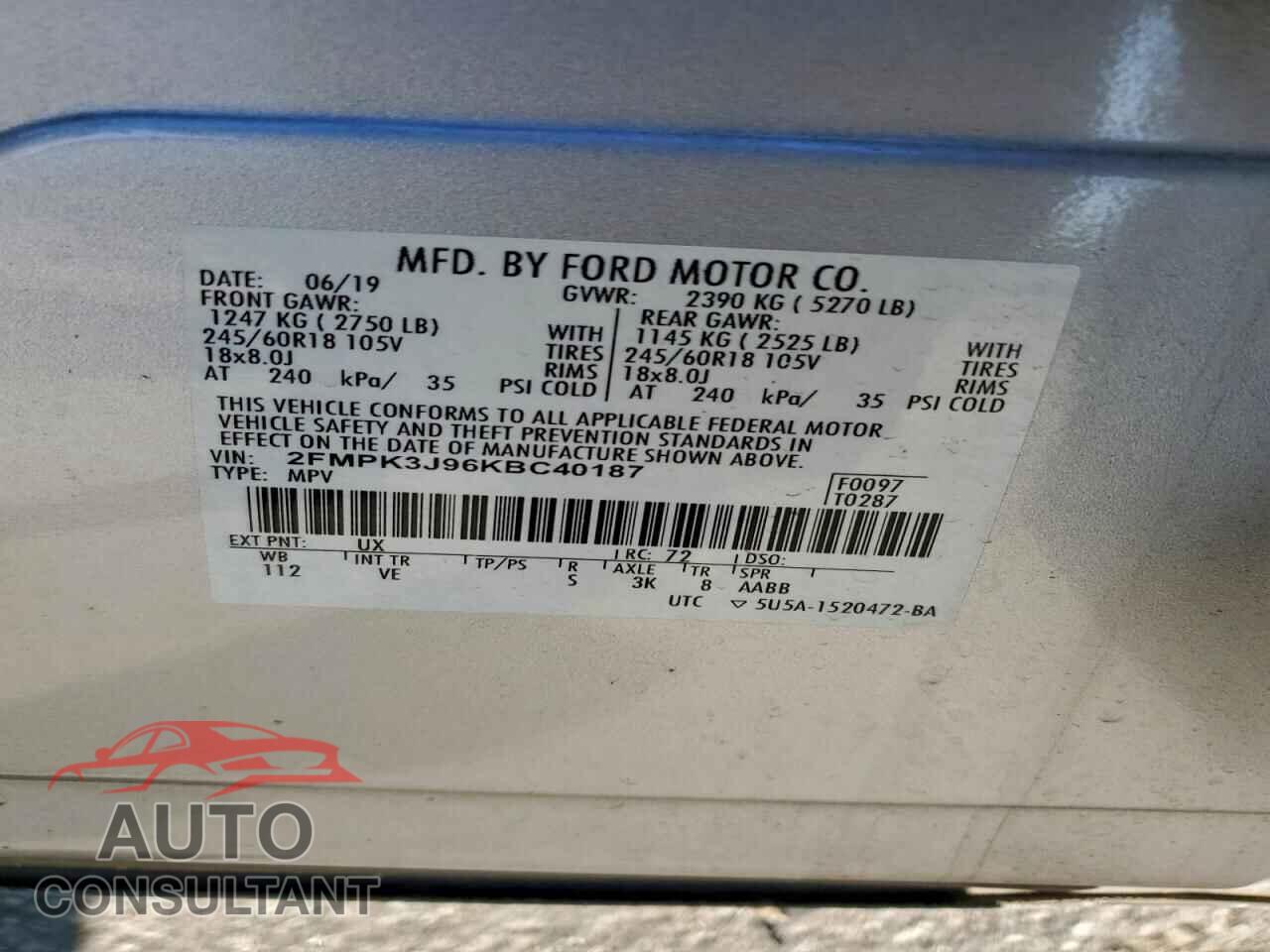FORD EDGE 2019 - 2FMPK3J96KBC40187