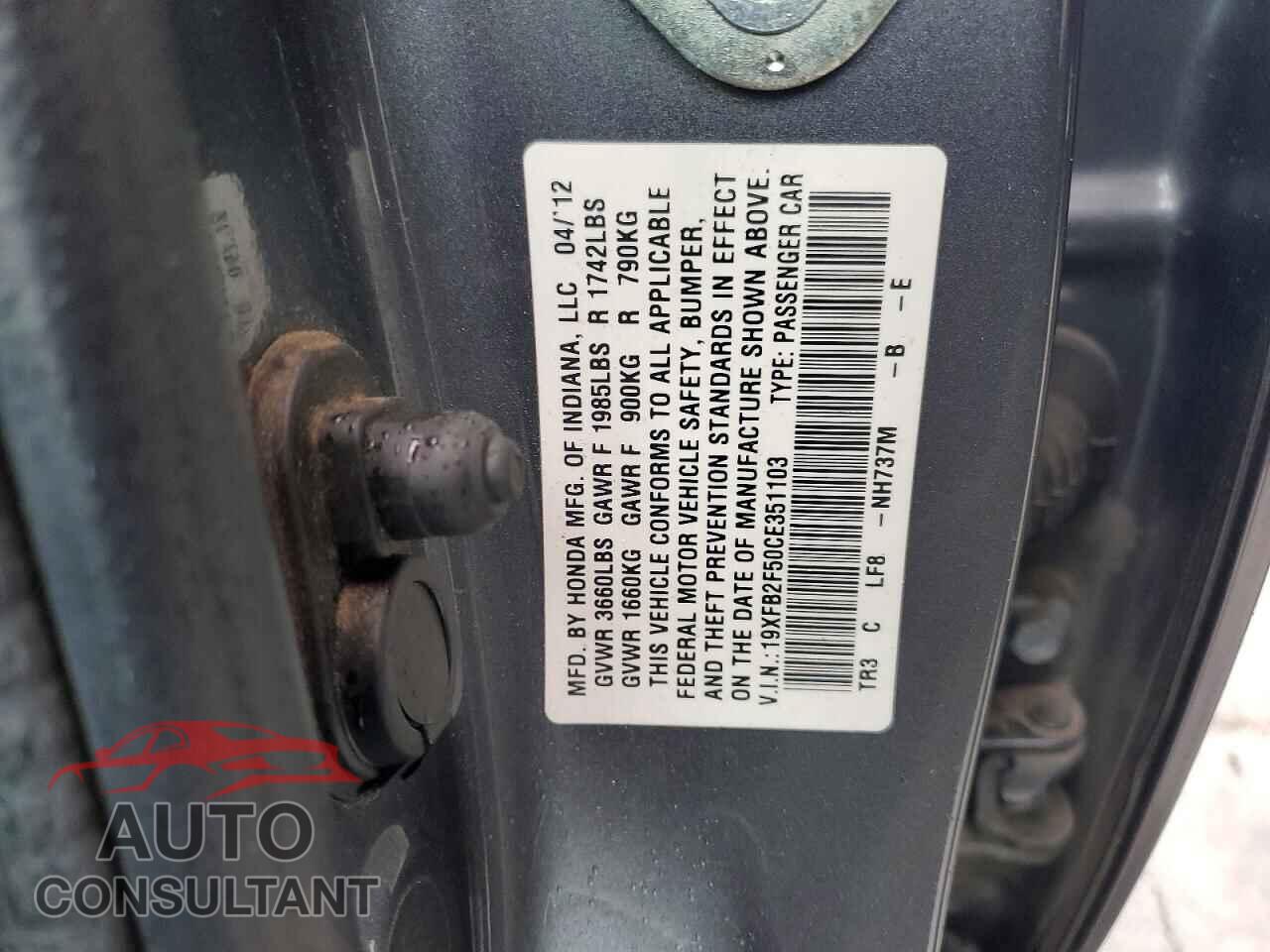 HONDA CIVIC 2012 - 19XFB2F50CE351103