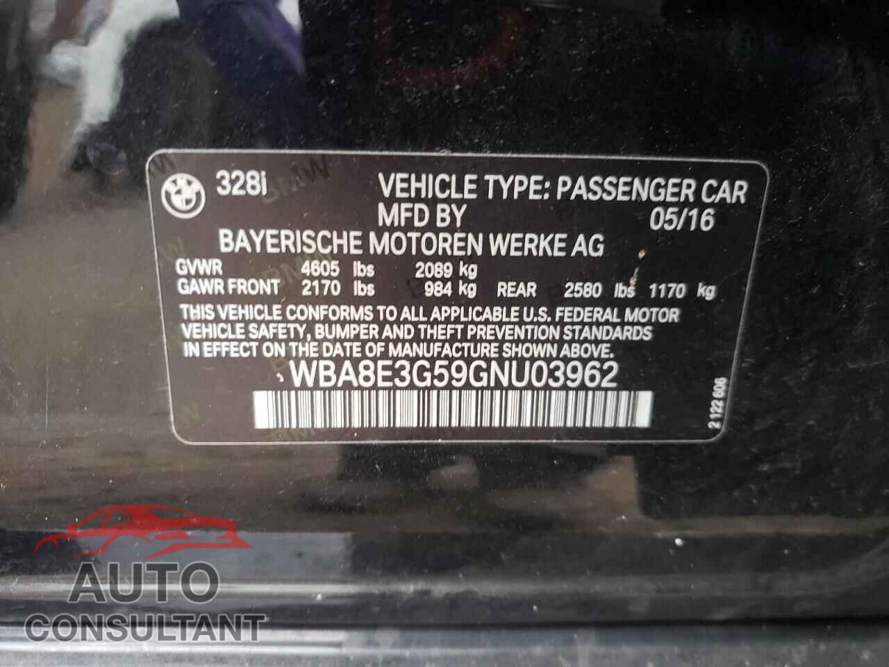 BMW 3 SERIES 2016 - WBA8E3G59GNU03962