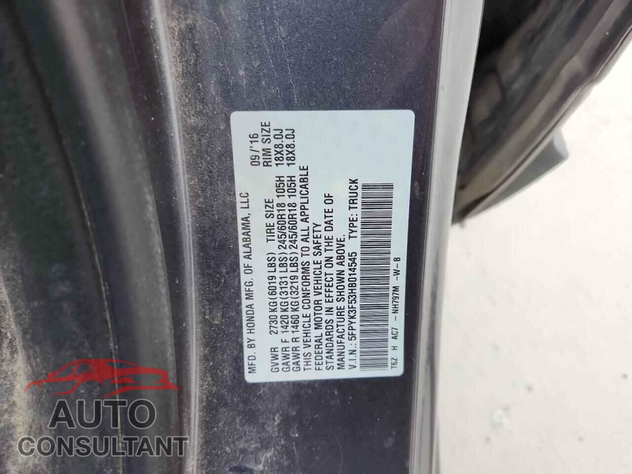 HONDA RIDGELINE 2017 - 5FPYK3F53HB014545