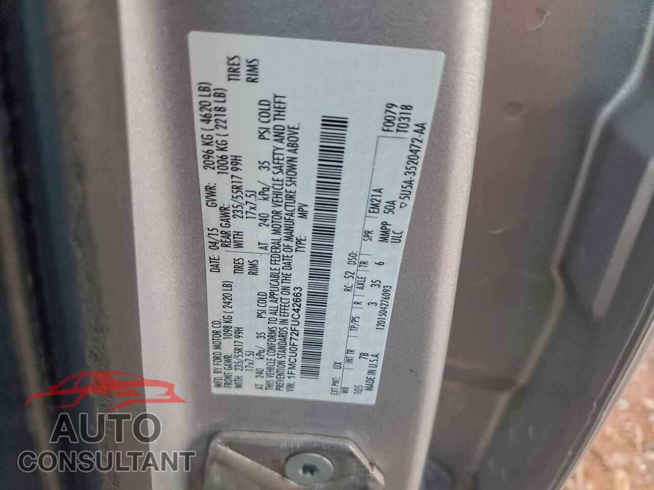 FORD ESCAPE 2015 - 1FMCU0F72FUC42663