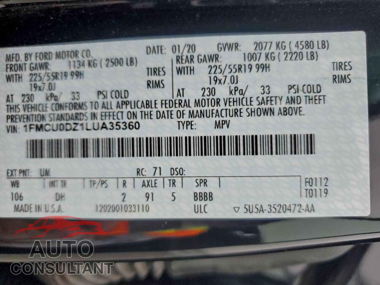 FORD ESCAPE 2020 - 1FMCU0DZ1LUA35360