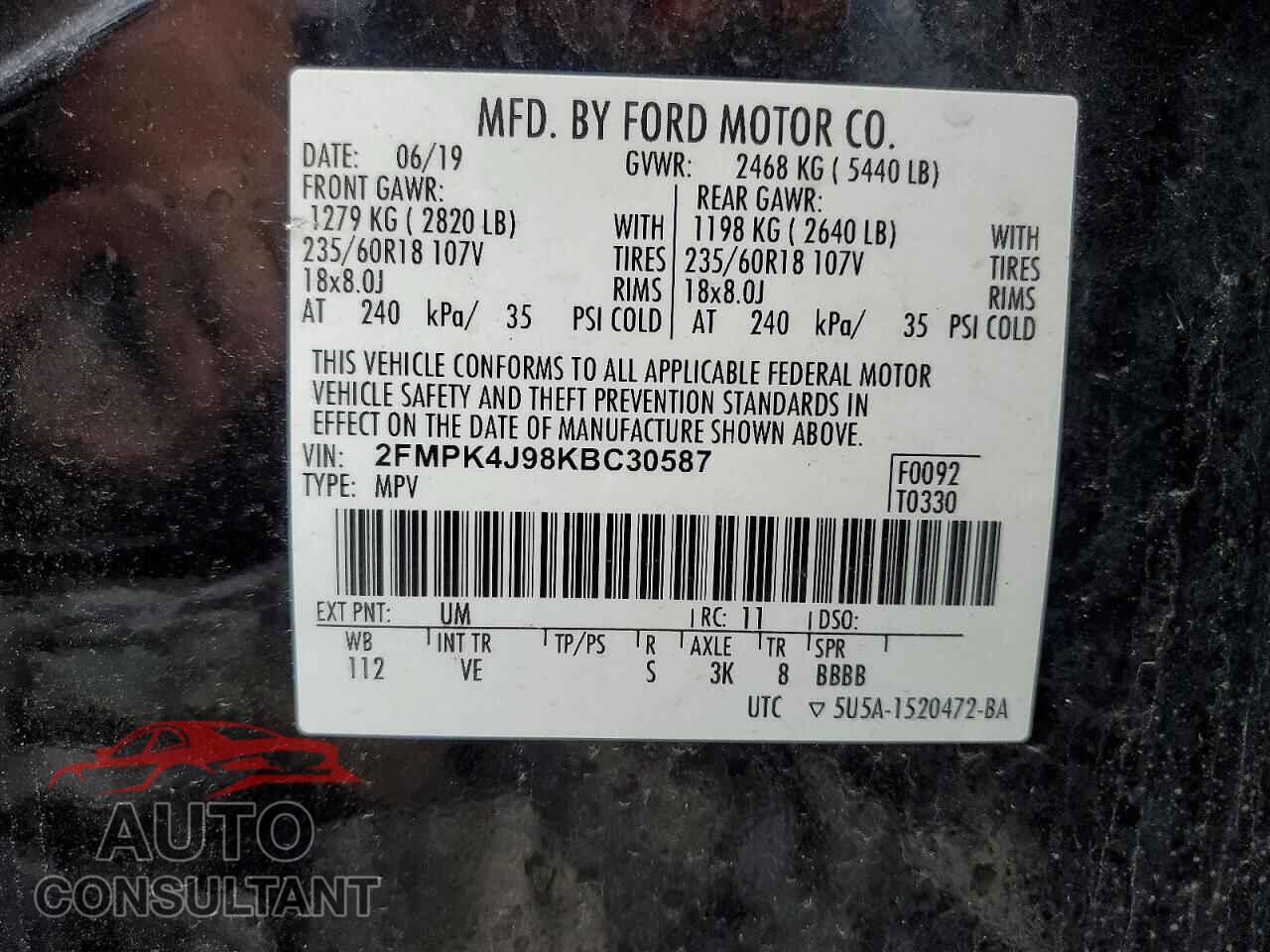 FORD EDGE 2019 - 2FMPK4J98KBC30587
