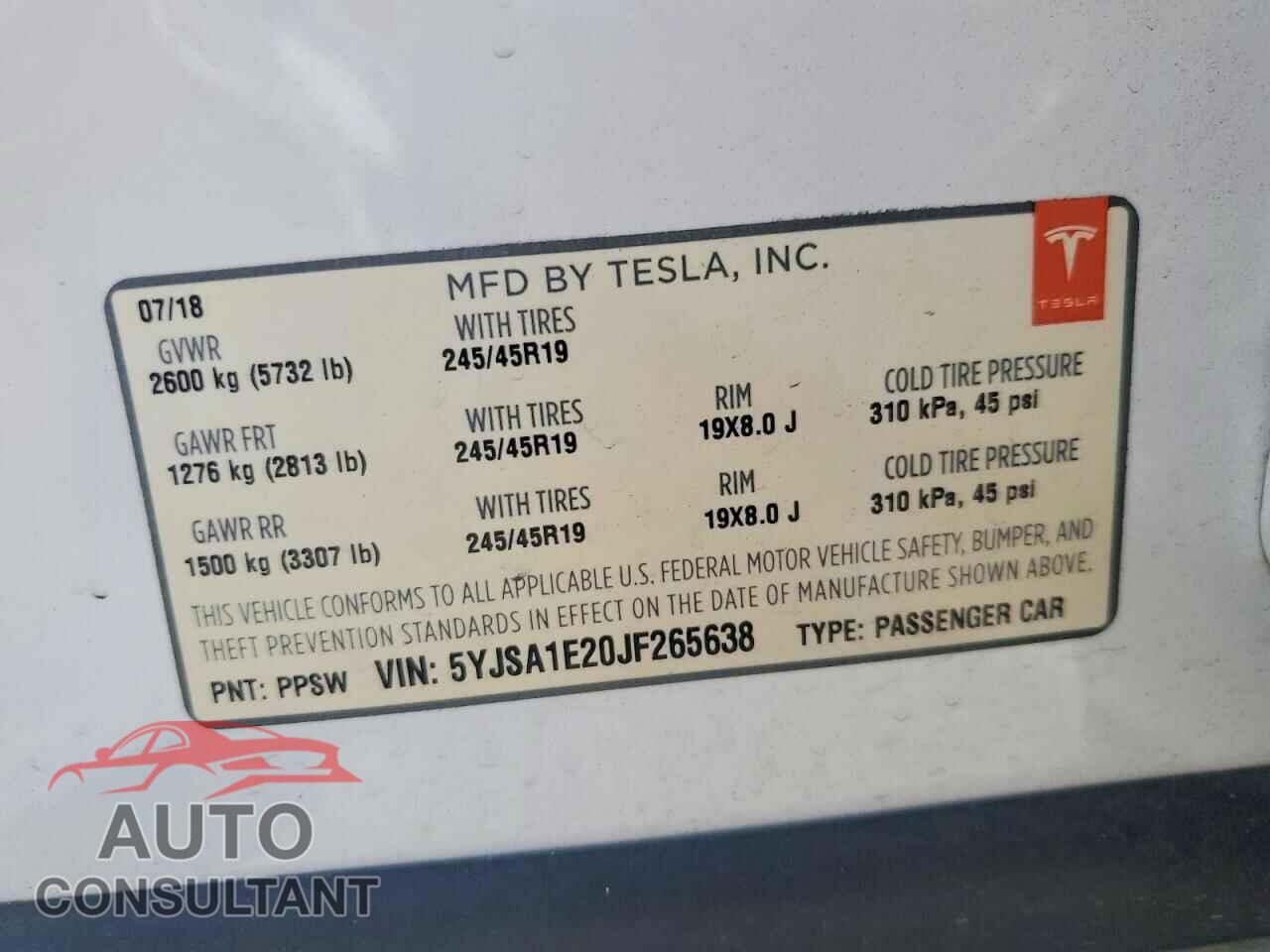 TESLA MODEL S 2018 - 5YJSA1E20JF265638