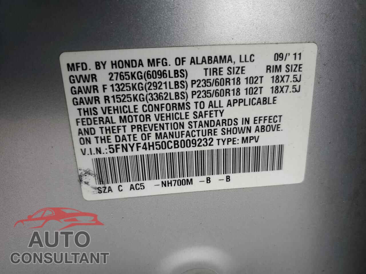 HONDA PILOT 2012 - 5FNYF4H50CB009232