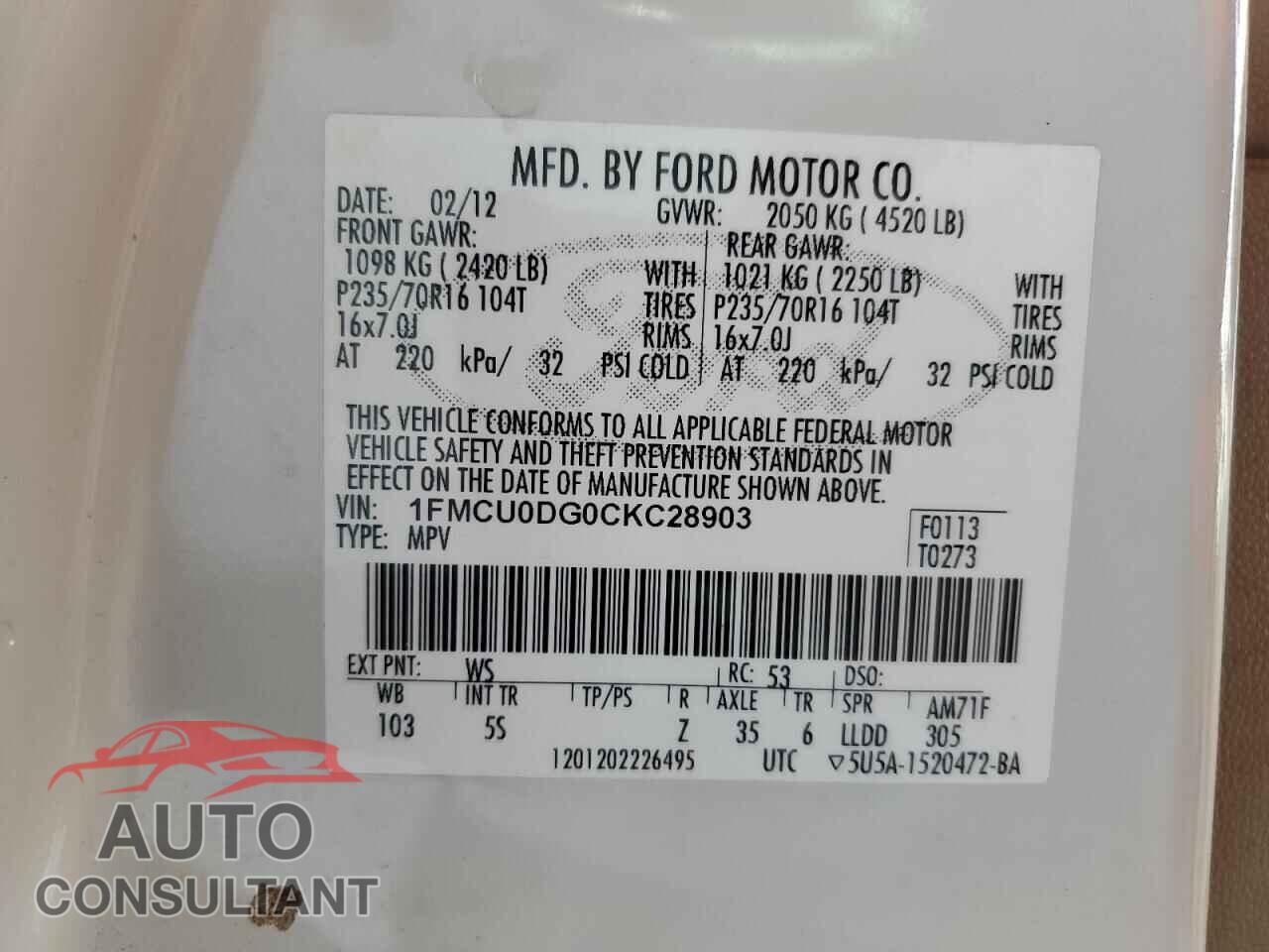 FORD ESCAPE 2012 - 1FMCU0DG0CKC28903