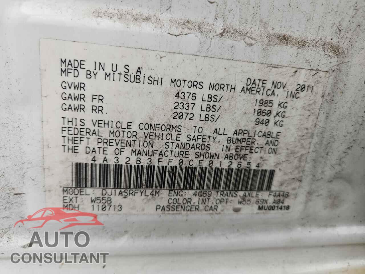 MITSUBISHI GALANT 2012 - 4A32B3FF0CE012654