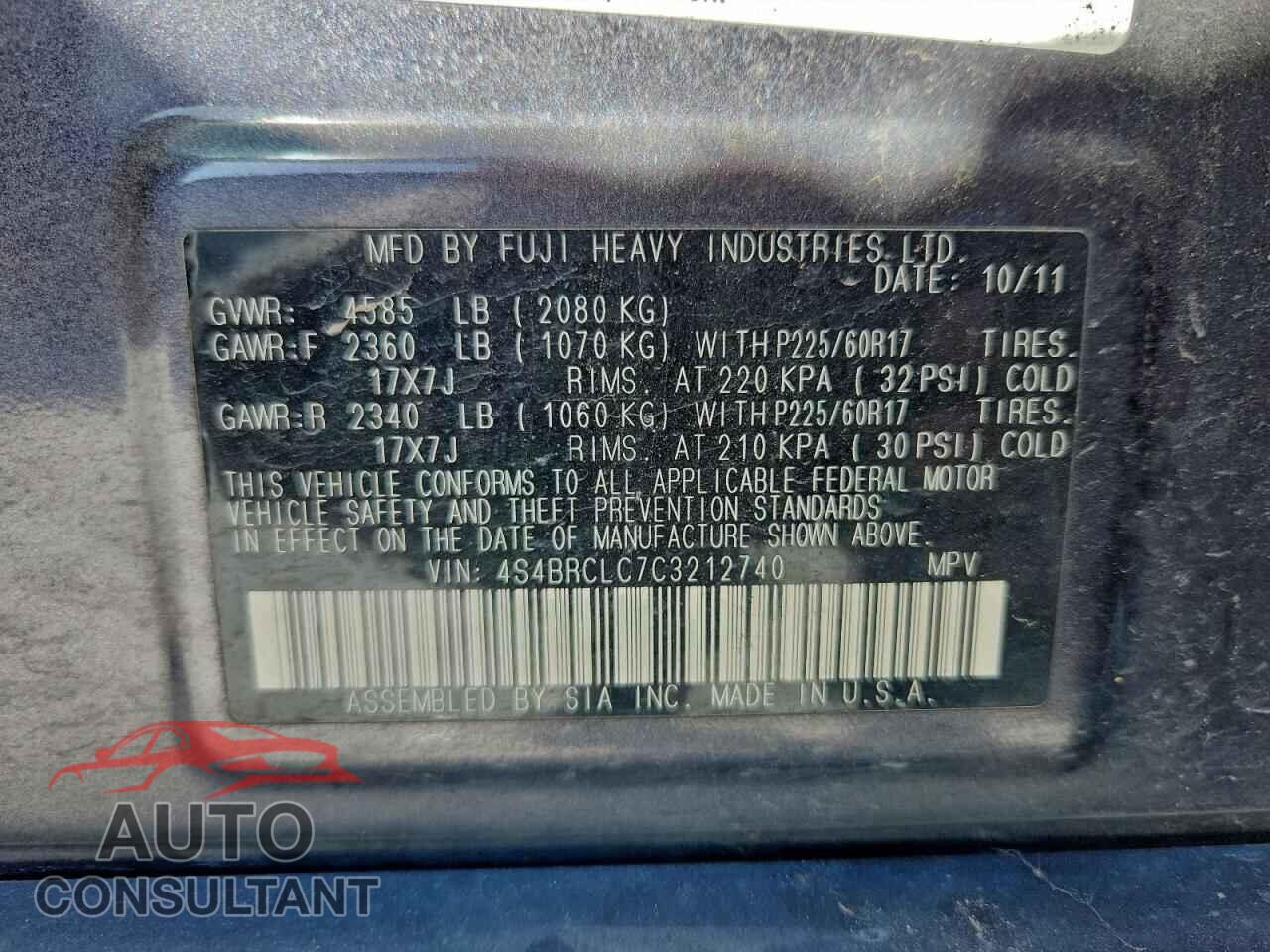 SUBARU OUTBACK 2012 - 4S4BRCLC7C3212740