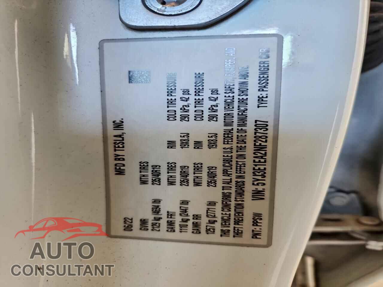 TESLA MODEL 3 2022 - 5YJ3E1EA2NF287307