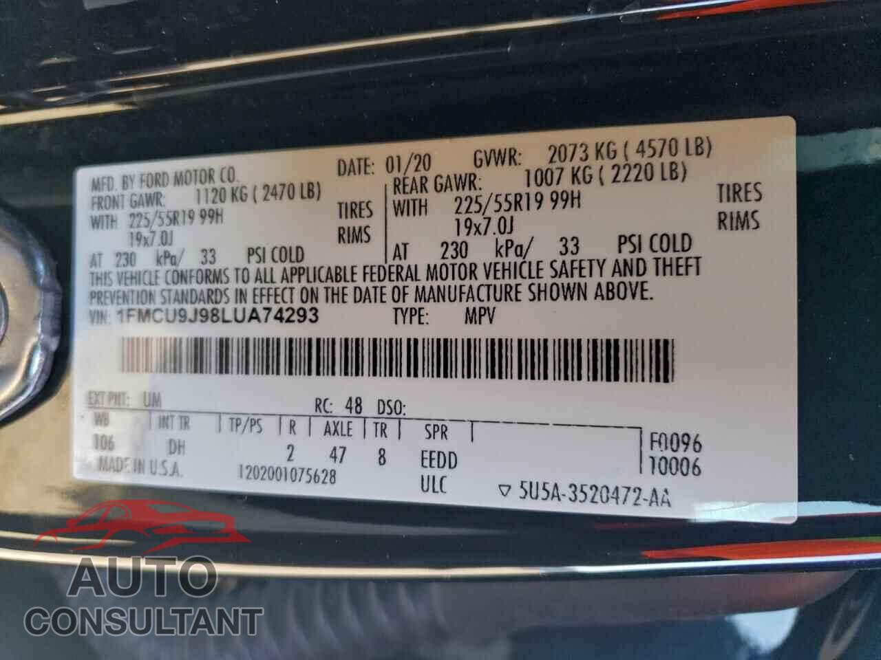 FORD ESCAPE 2020 - 1FMCU9J98LUA74293