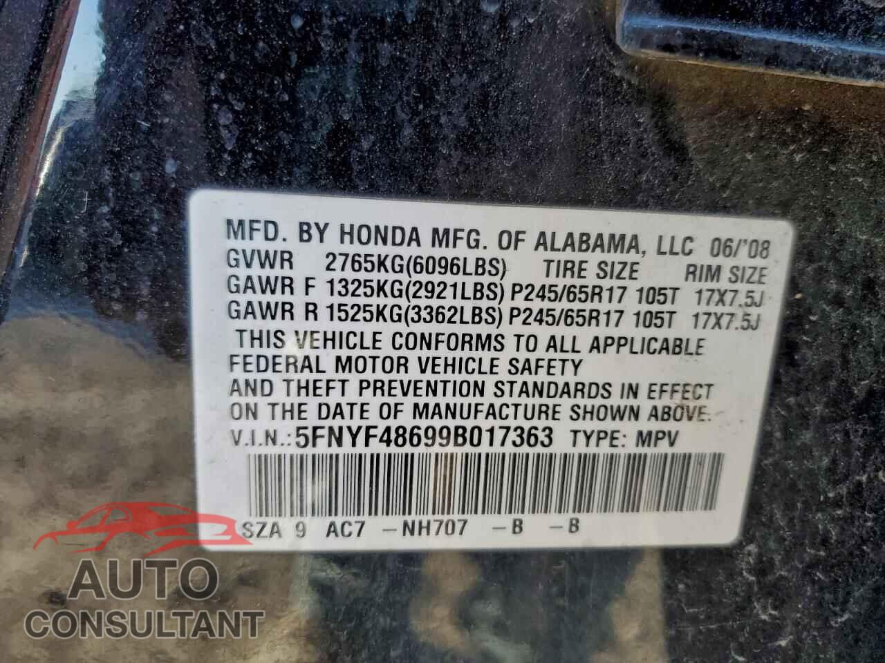HONDA PILOT 2009 - 5FNYF48699B017363
