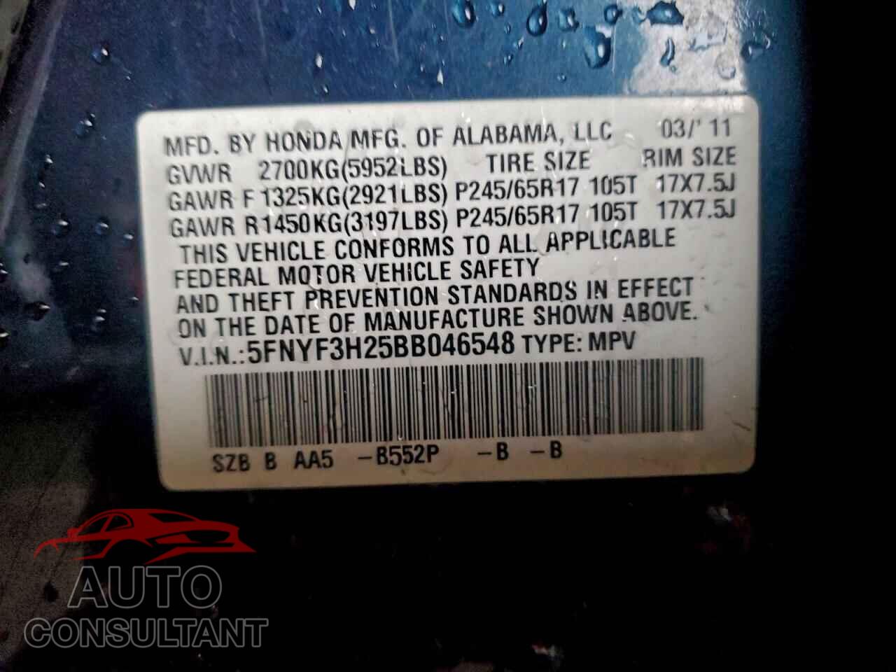 HONDA PILOT 2011 - 5FNYF3H25BB046548