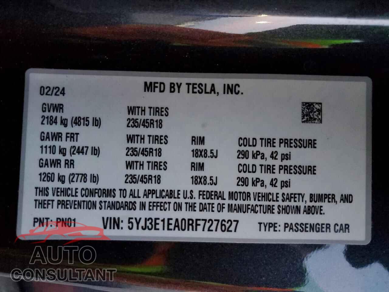 TESLA MODEL 3 2024 - 5YJ3E1EA0RF727627