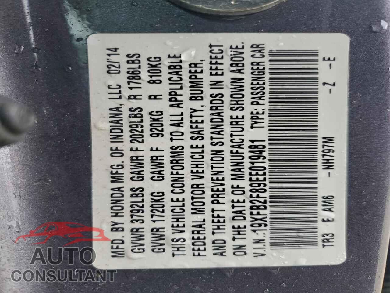 HONDA CIVIC 2014 - 19XFB2F89EE019481