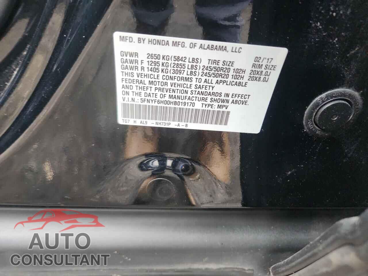 HONDA PILOT 2017 - 5FNYF6H00HB019170