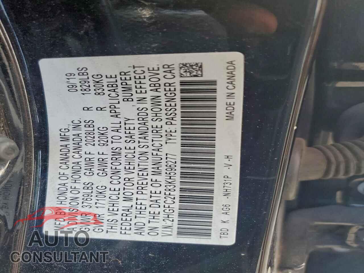 HONDA CIVIC 2019 - 2HGFC2F83KH596277