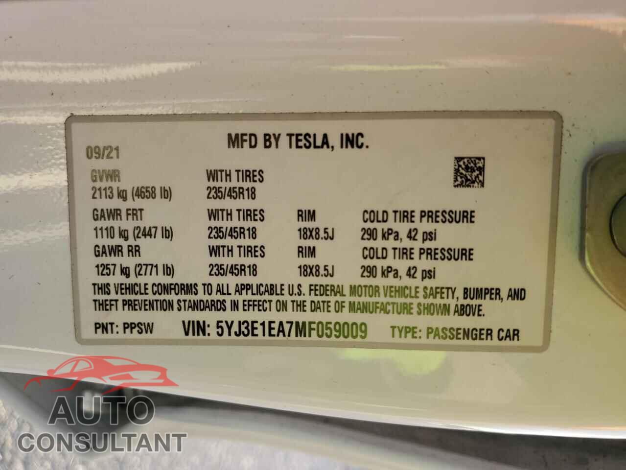 TESLA MODEL 3 2021 - 5YJ3E1EA7MF059009