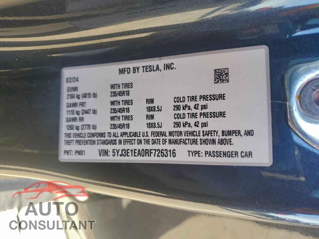 TESLA MODEL 3 2024 - 5YJ3E1EA0RF726316