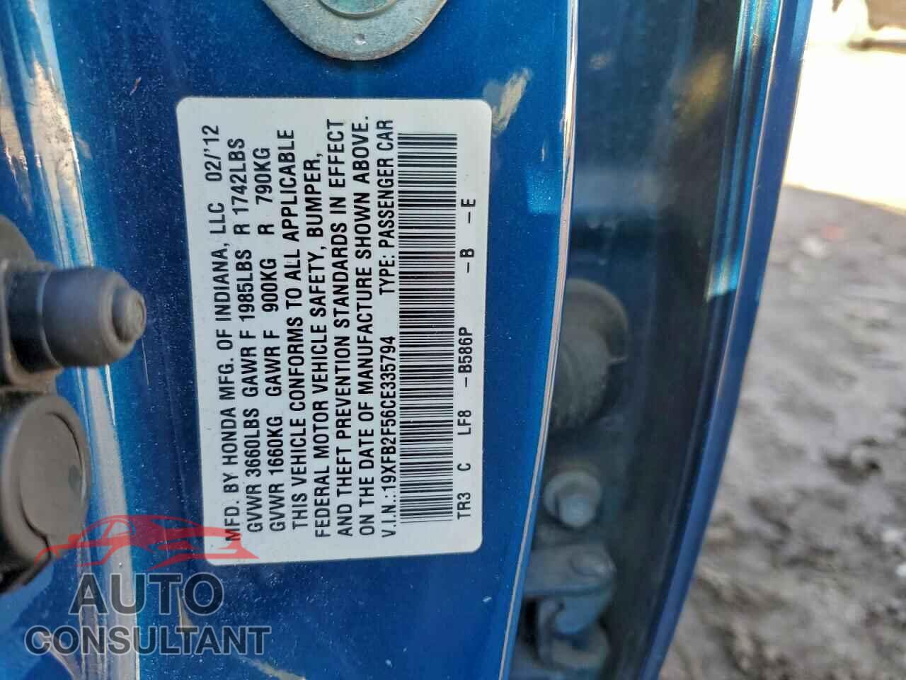 HONDA CIVIC 2012 - 19XFB2F56CE335794