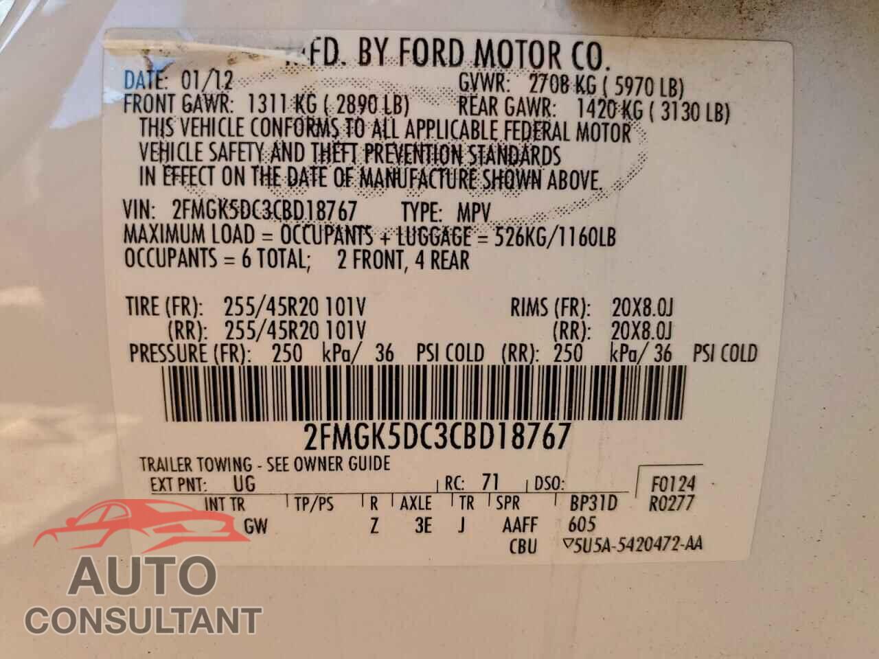 FORD FLEX 2012 - 2FMGK5DC3CBD18767