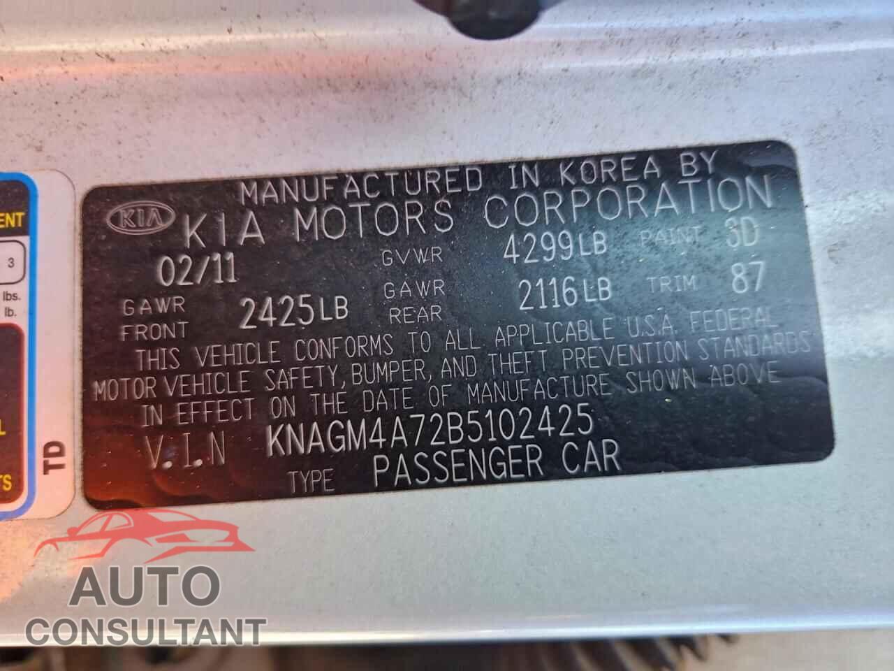 KIA OPTIMA 2011 - KNAGM4A72B5102425