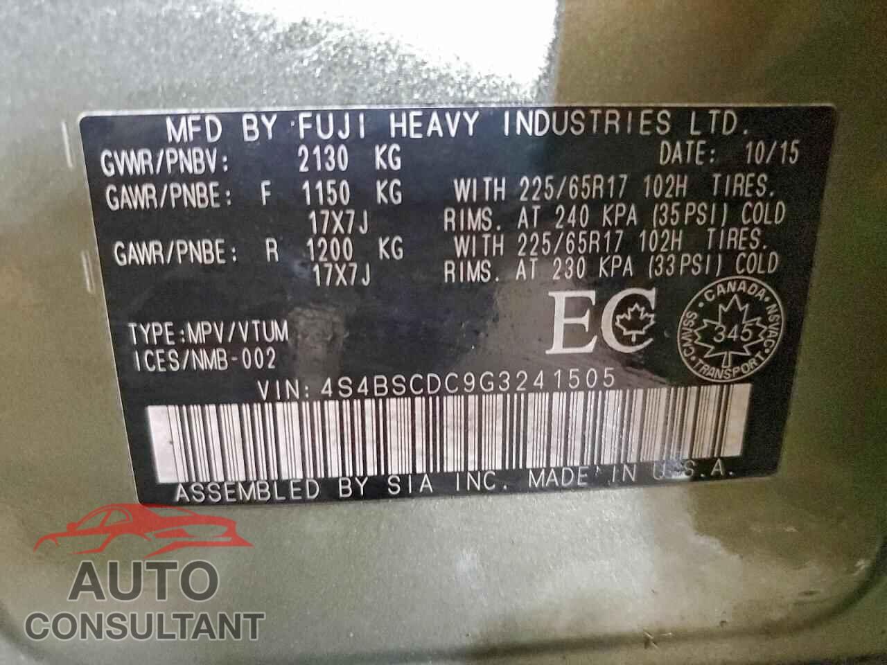 SUBARU OUTBACK 2016 - 4S4BSCDC9G3241505