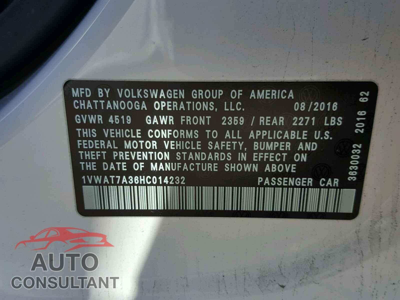 VOLKSWAGEN PASSAT 2017 - 1VWAT7A36HC014232