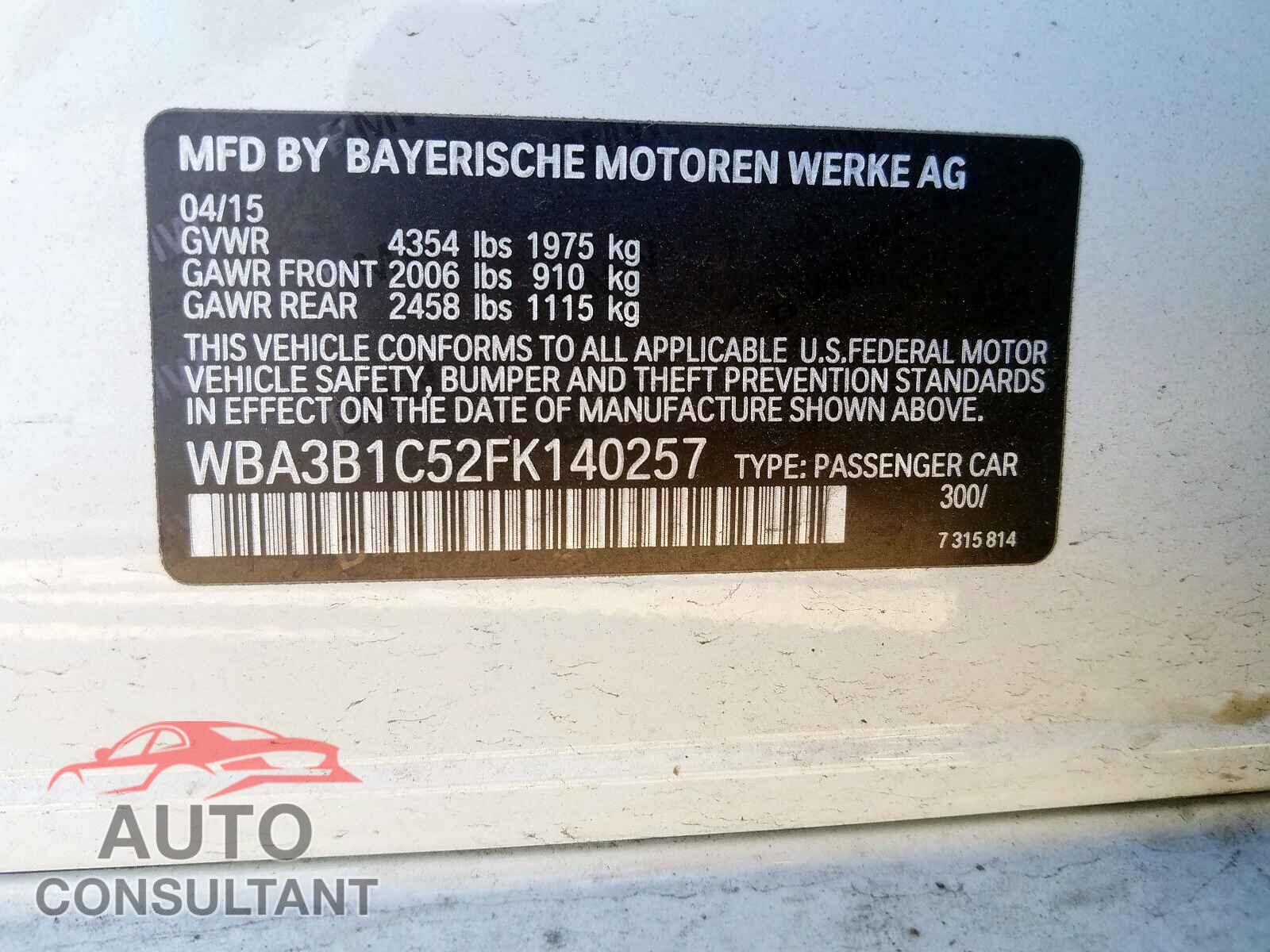 BMW 3 SERIES 2015 - 1FTEX1CB8JFC22935