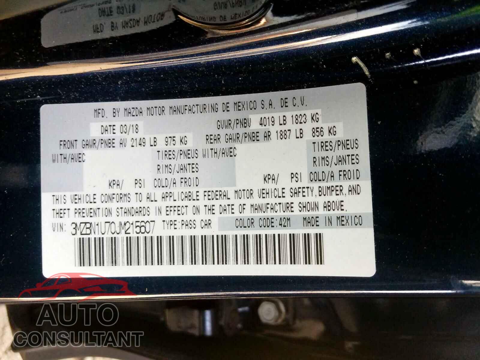 MAZDA 3 2018 - 1V2FR2CA6MC536776