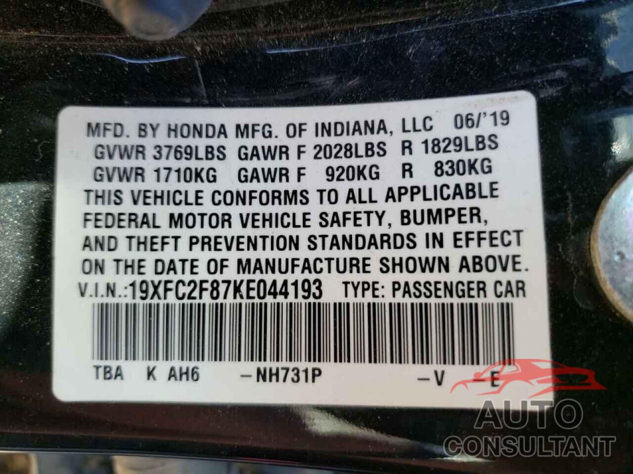 HONDA CIVIC 2019 - 19XFC2F87KE044193
