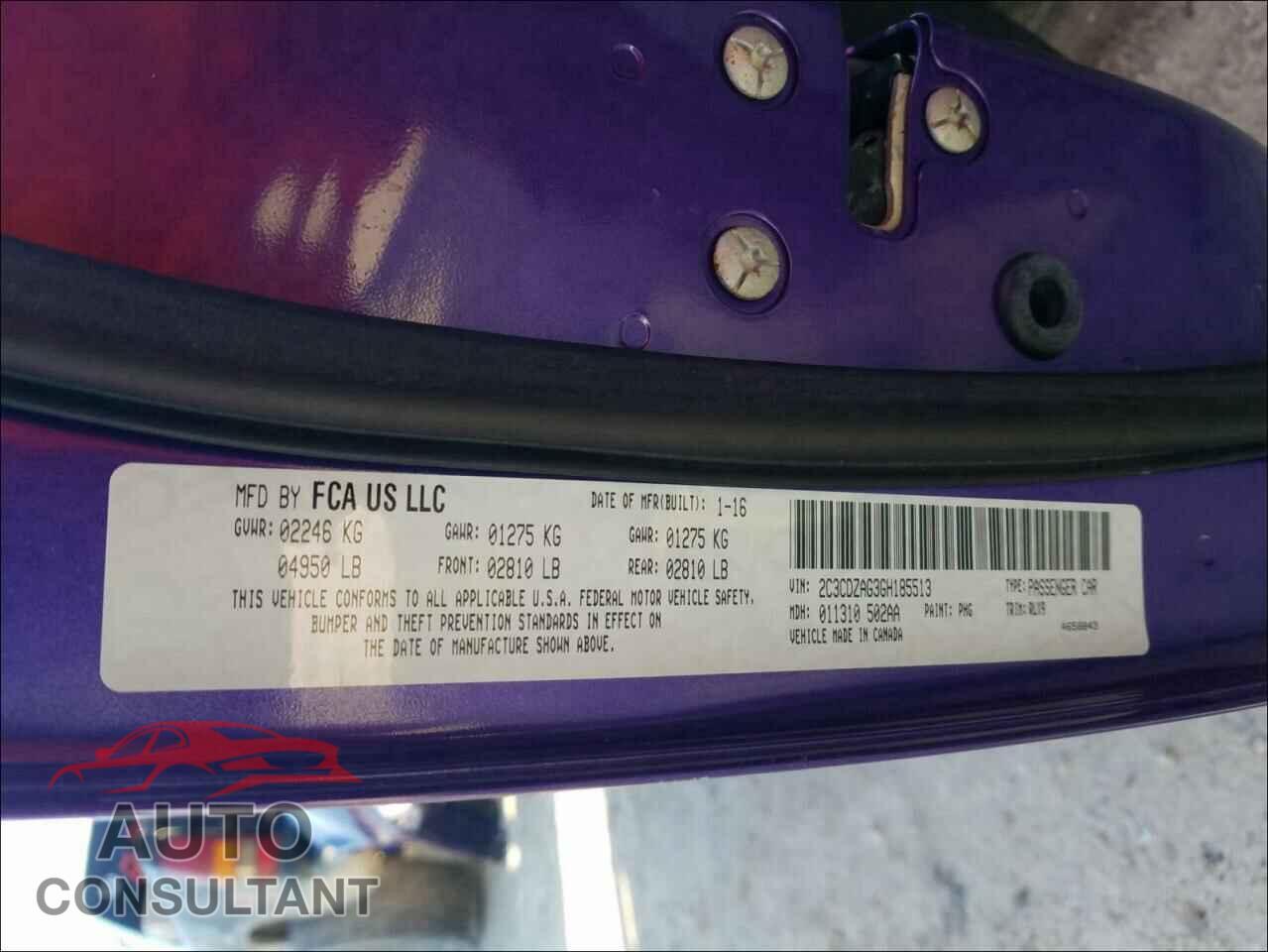 DODGE CHALLENGER 2016 - 2C3CDZAG3GH185513