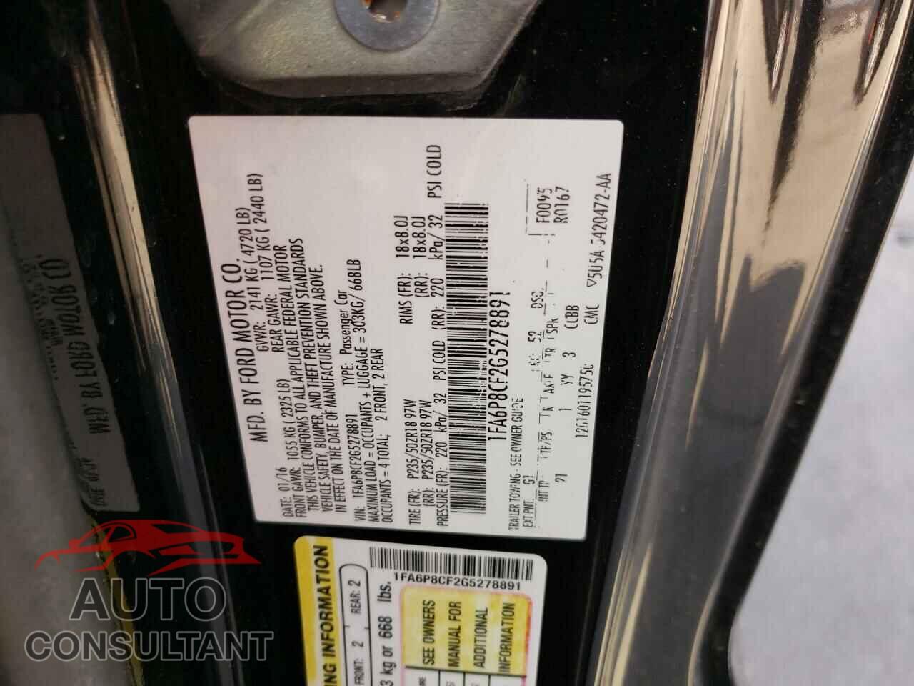 FORD MUSTANG 2016 - 1FA6P8CF2G5278891