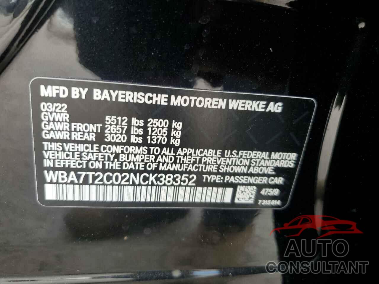 BMW 7 SERIES 2022 - WBA7T2C02NCK38352