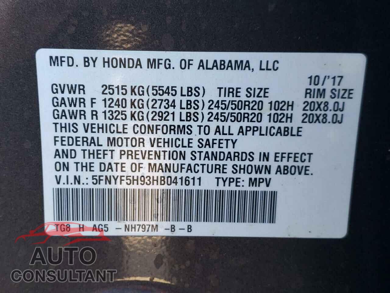 HONDA PILOT 2017 - 5FNYF5H93HB041611