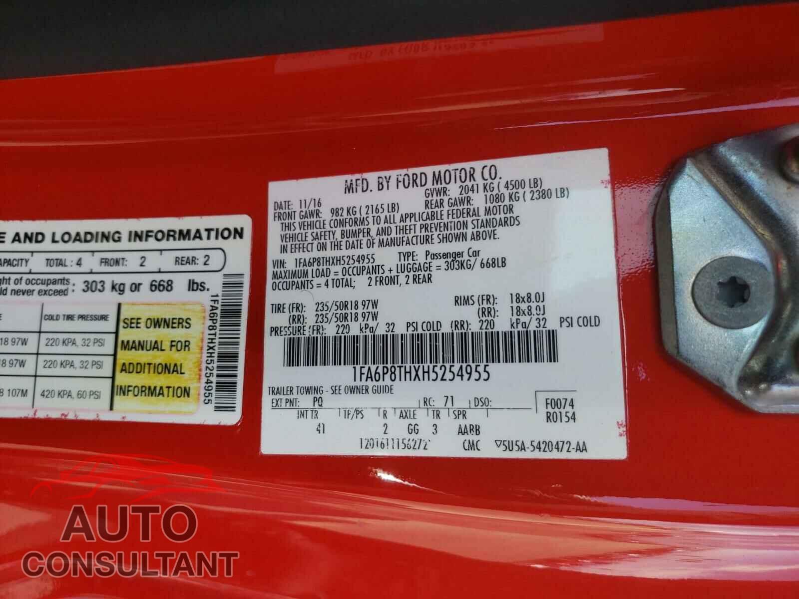FORD MUSTANG 2017 - 1FA6P8THXH5254955