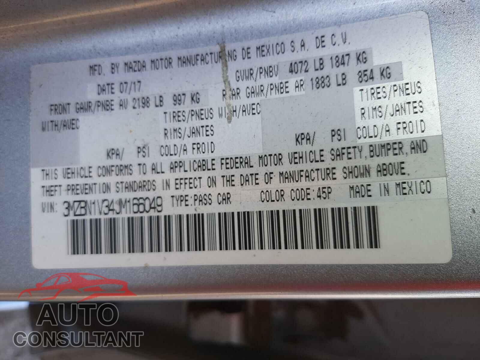 MAZDA 3 2018 - 3MZBN1V34JM166049